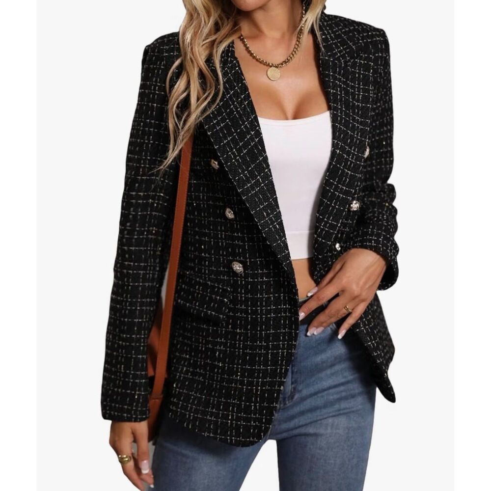 Mina Self Women's NWOT Black Metallic Plaid Double Breasted Tweed Blazer Sz L